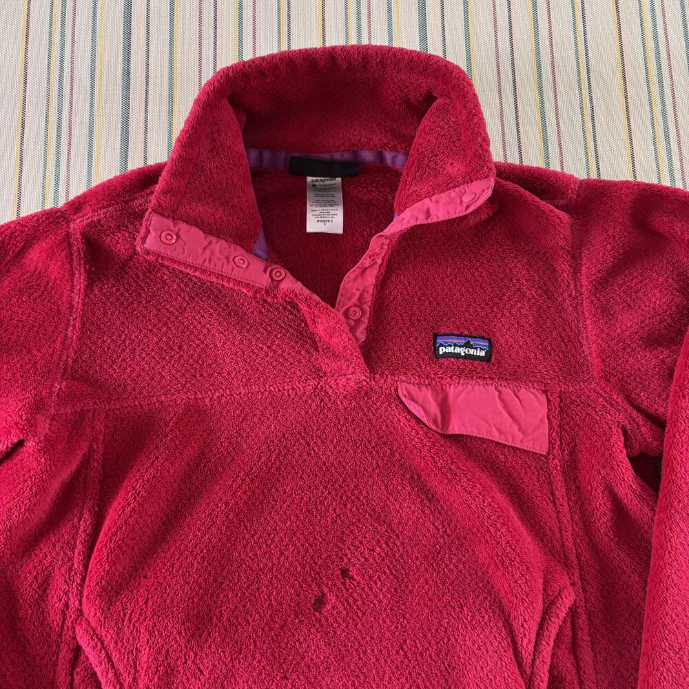 Patagonia Fleece Jacket Womens Medium Pink Snap Pullover Kangaroo Pocket Outdoor